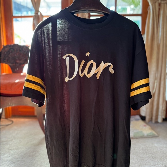 Dior Other - Dior Ribbon Varsity Black Tee with Yellow Stripes Men’s Size XXL
